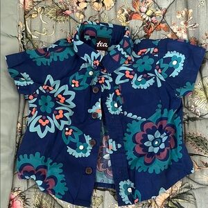 Tea Collection Blue Button Down Shirt with Medallion Print
